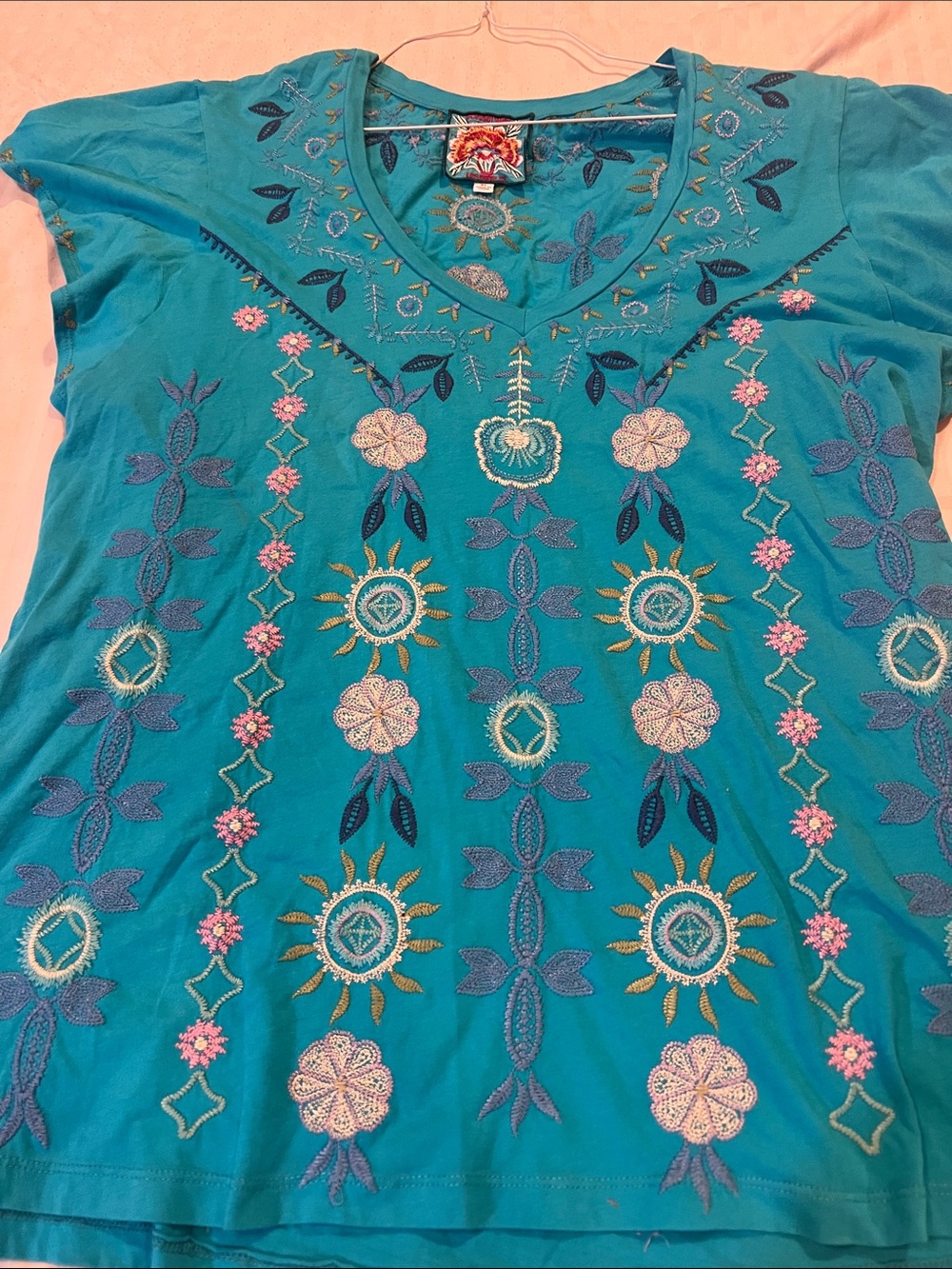 Johnny Was Teal Embroidered V-Neck Tunic with Multicolor Floral Stitching